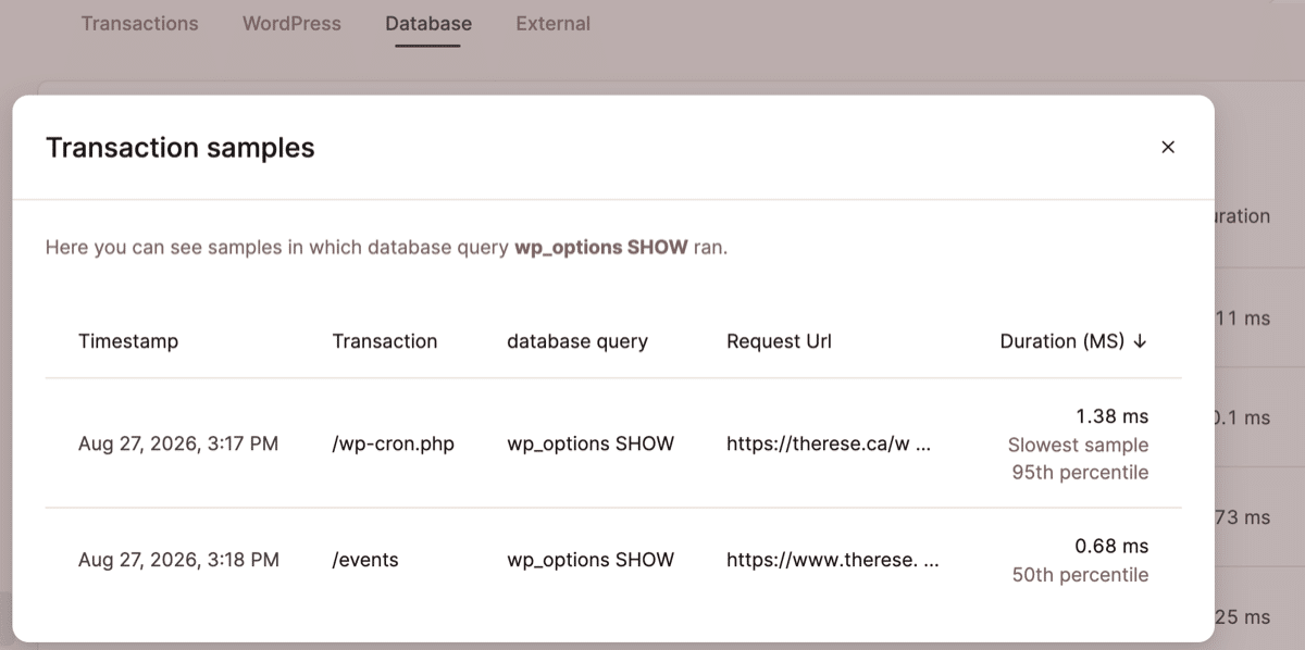 Uno screenshot che mostra alcuni esempi di transazioni di query sul database nello strumento APM di MyKinsta.