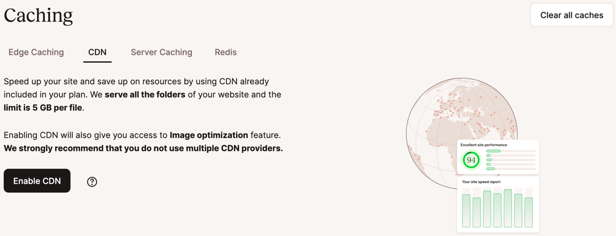 Uno screenshot della pagina di caching CDN in MyKinsta prima dell'attivazione.