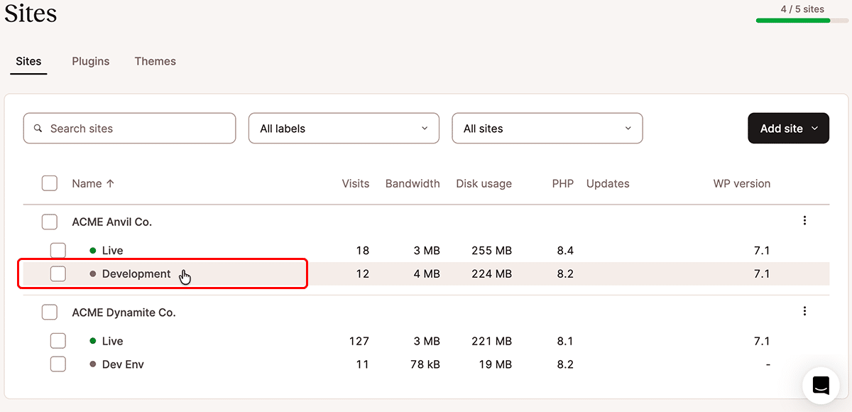 Uno screenshot che mostra l'elenco dei siti in MyKinsta con un ambiente di staging evidenziato.