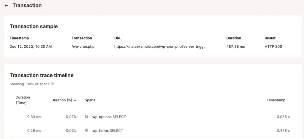 Screenshot che mostra la cronologia della traccia di una transazione all’interno dello strumento APM di MyKinsta.