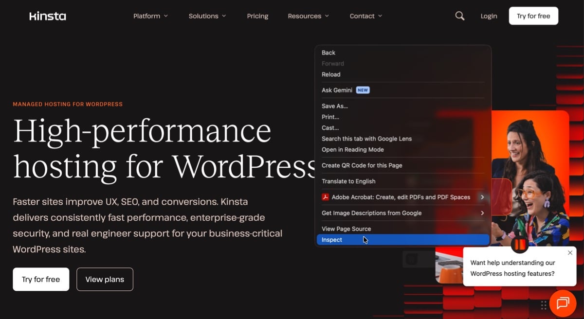Uno screenshot del menu contestuale di Google Chrome visualizzato sopra una pagina web di Kinsta.