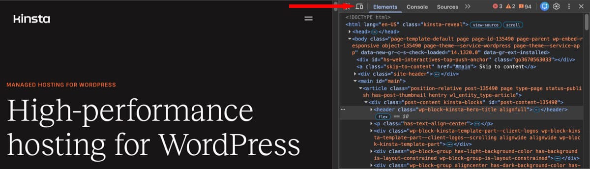 Uno screenshot dell'interfaccia di Google Chrome Inspect con una freccia rossa che indica l'icona Attiva/disattiva barra degli strumenti del dispositivo.