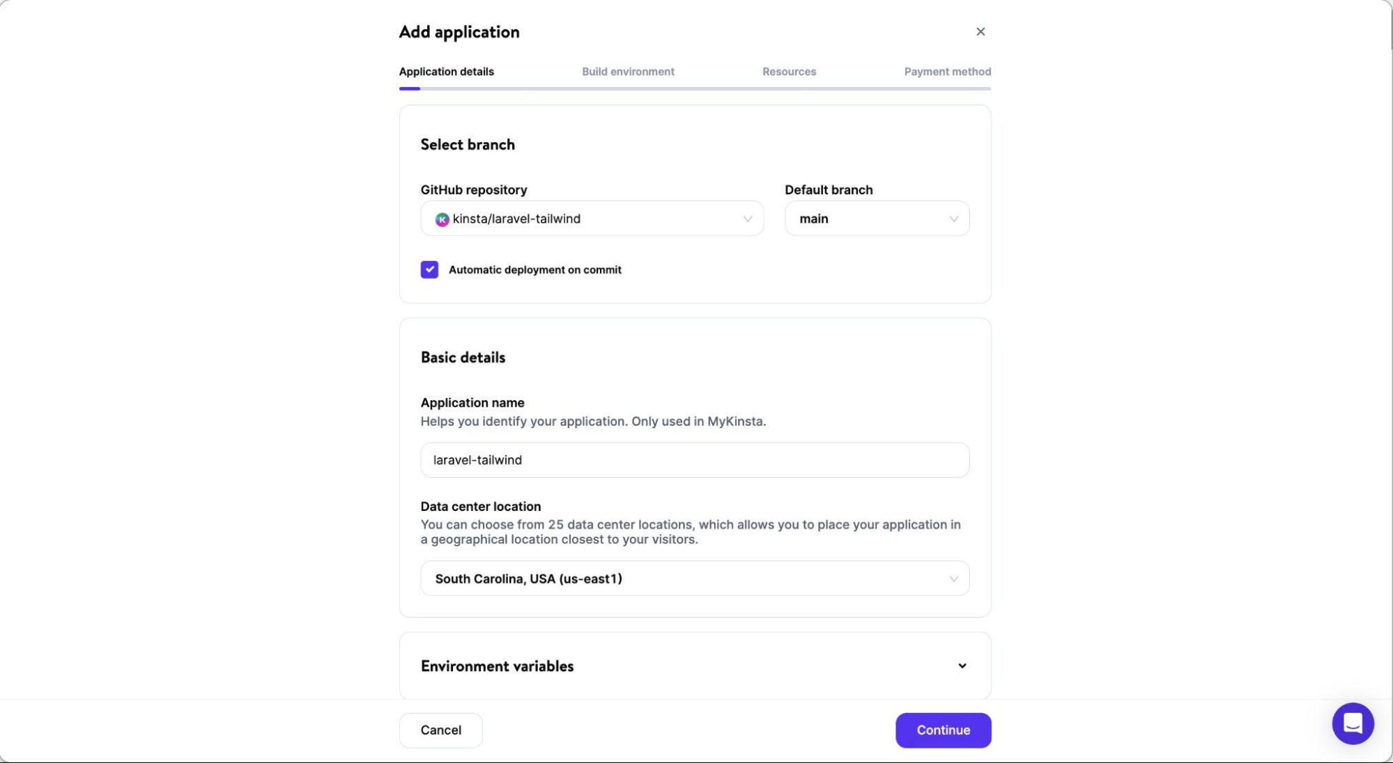 Nieuwe applicatiedetails configureren op Kinsta