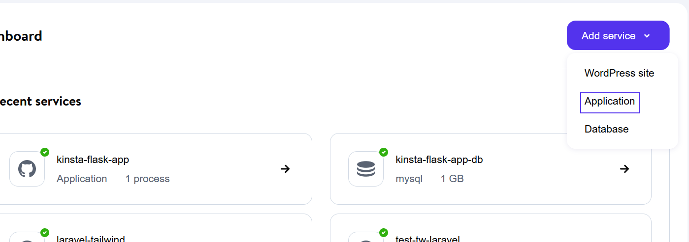 MyKinsta-Dashboard beim Hinzufügen eines Anwendungsdienstes