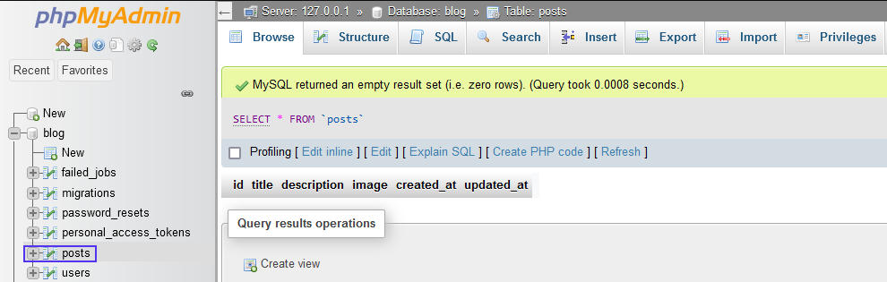 Die migrierte Beitragstabelle wird in phpMyAdmin angezeigt