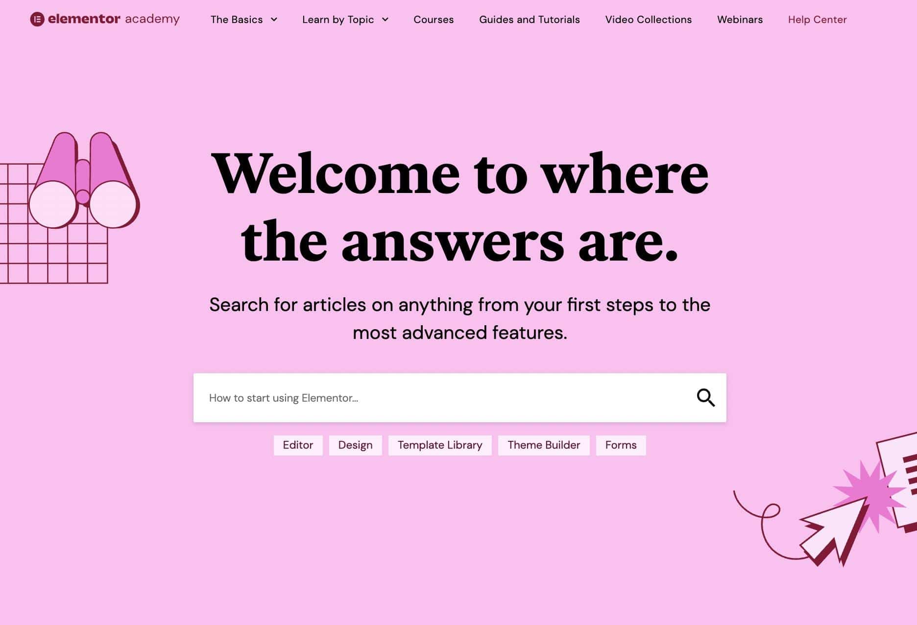 Recherchez de la documentation d'aide avec Elementor Academy.