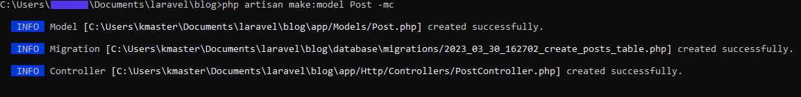 Erstellen eines Modells, einer Migrationsdatei und eines Controllers über die Kommandozeile