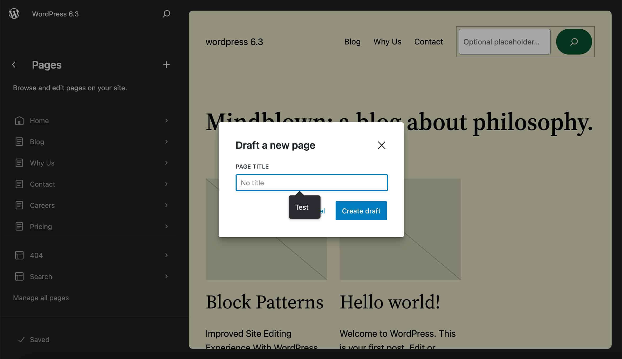 WordPress 6.3で新規ページを作成