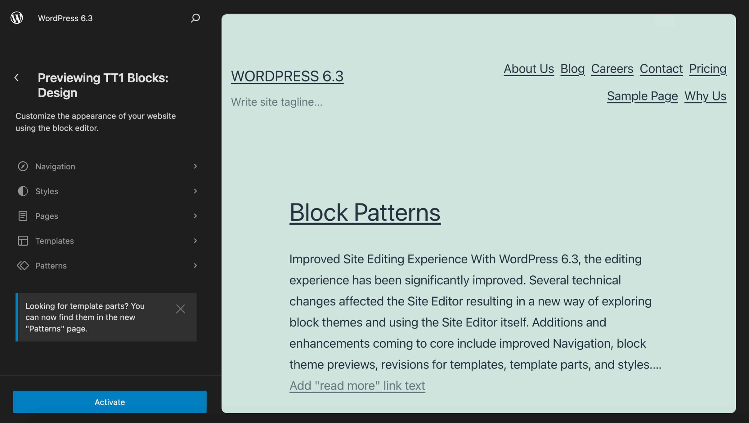 サイトエディターでのTT1 Blocksテーマのプレビュー
