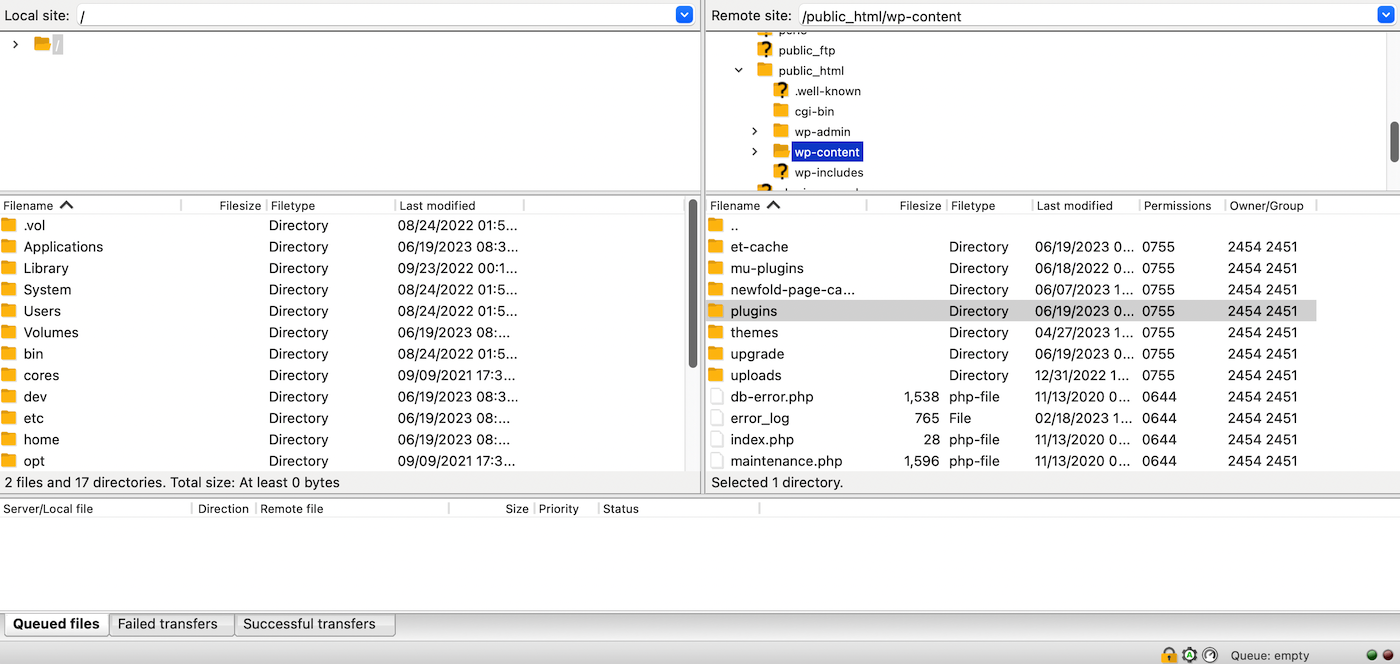 Acesso aos arquivos do site WordPress via Filezilla.