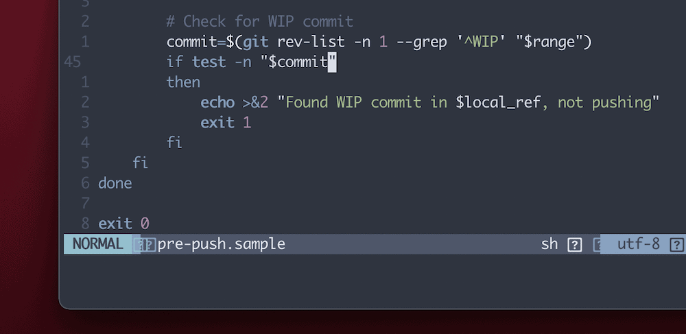 macOS iTermアプリの一部(NeoVimウィンドウで開いているGitフックのサンプルには、pre-pushフックのセクションがあり最後にはexit 0が表示されている)