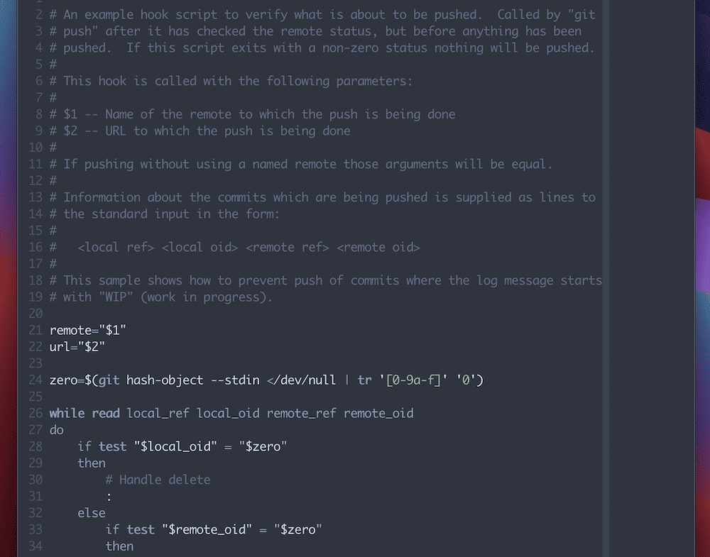 macOSのNeoVimによるGitフックファイルのサンプル(フックの書き方を説明するコメント付きのセクションと、その中で使える専用のパラメータが示されており、フックのためのbashコードのサンプルもあり)