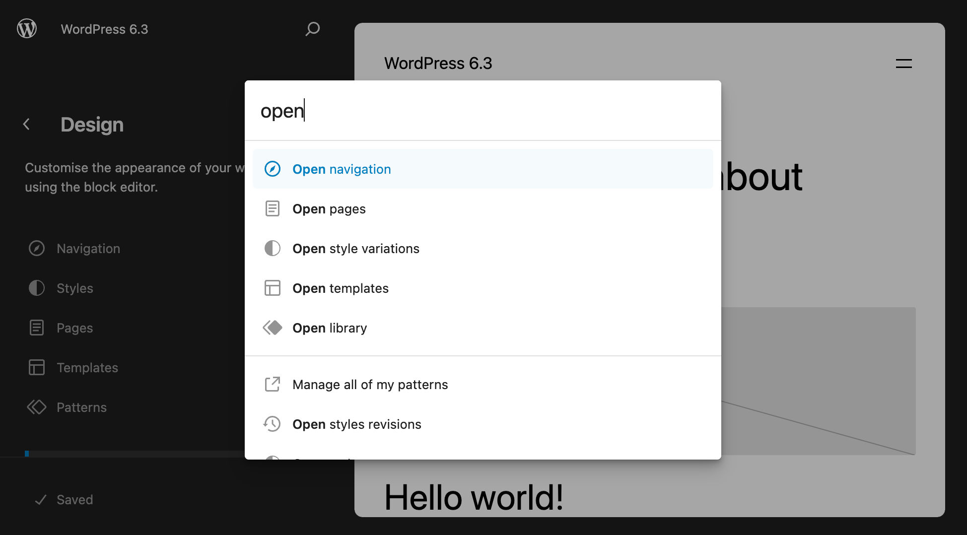 WordPress 6.3で「open」(開く)を検索