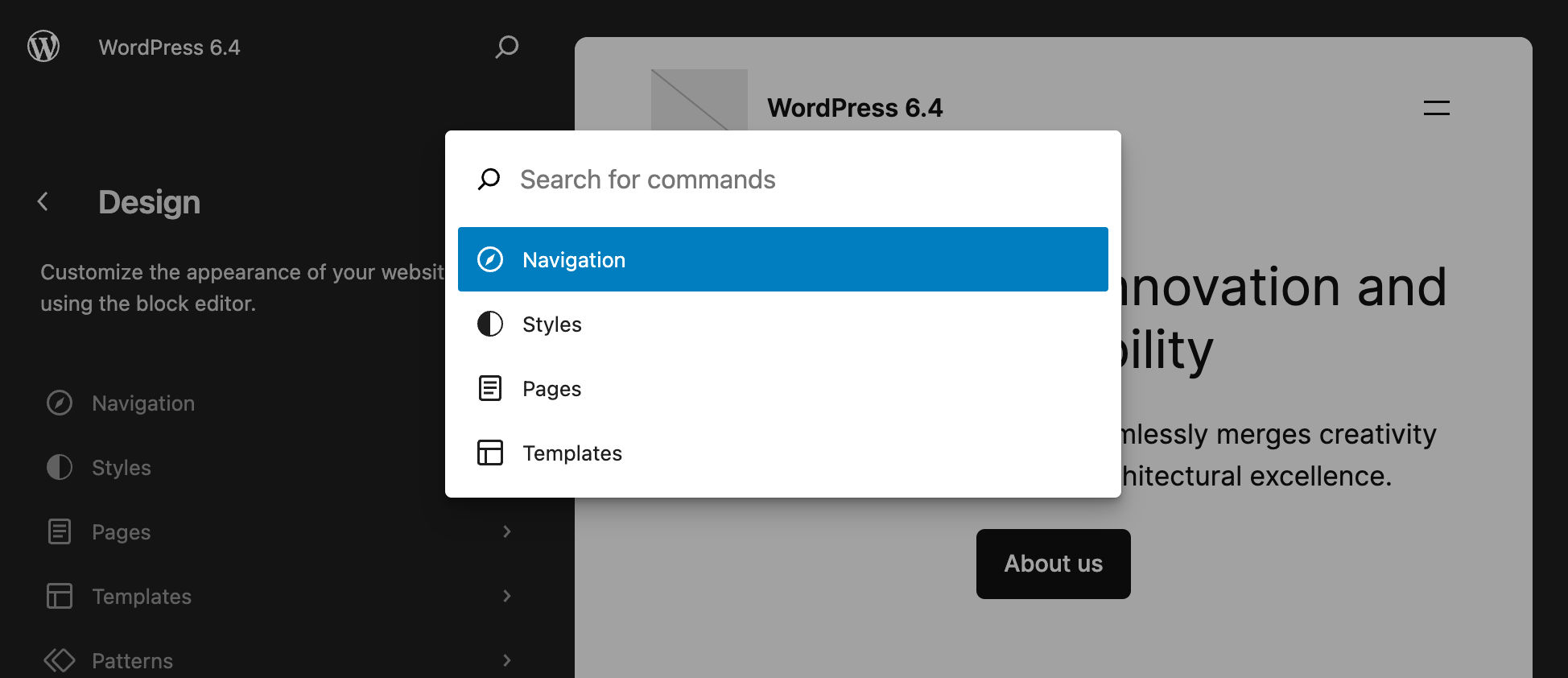 WordPress 6.4のコマンドパレット