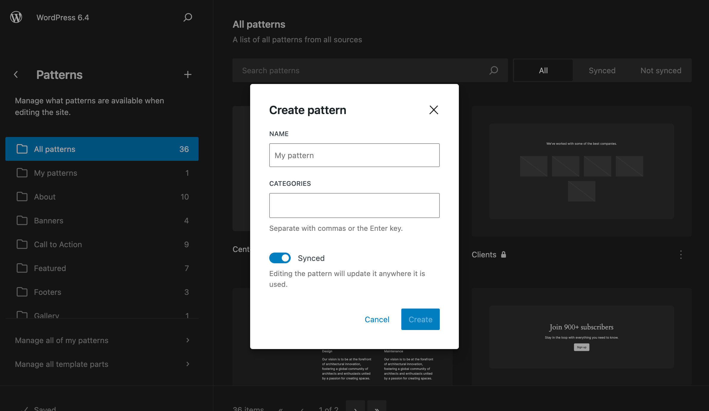 WordPress 6.4のパターン作成ウィンドウ
