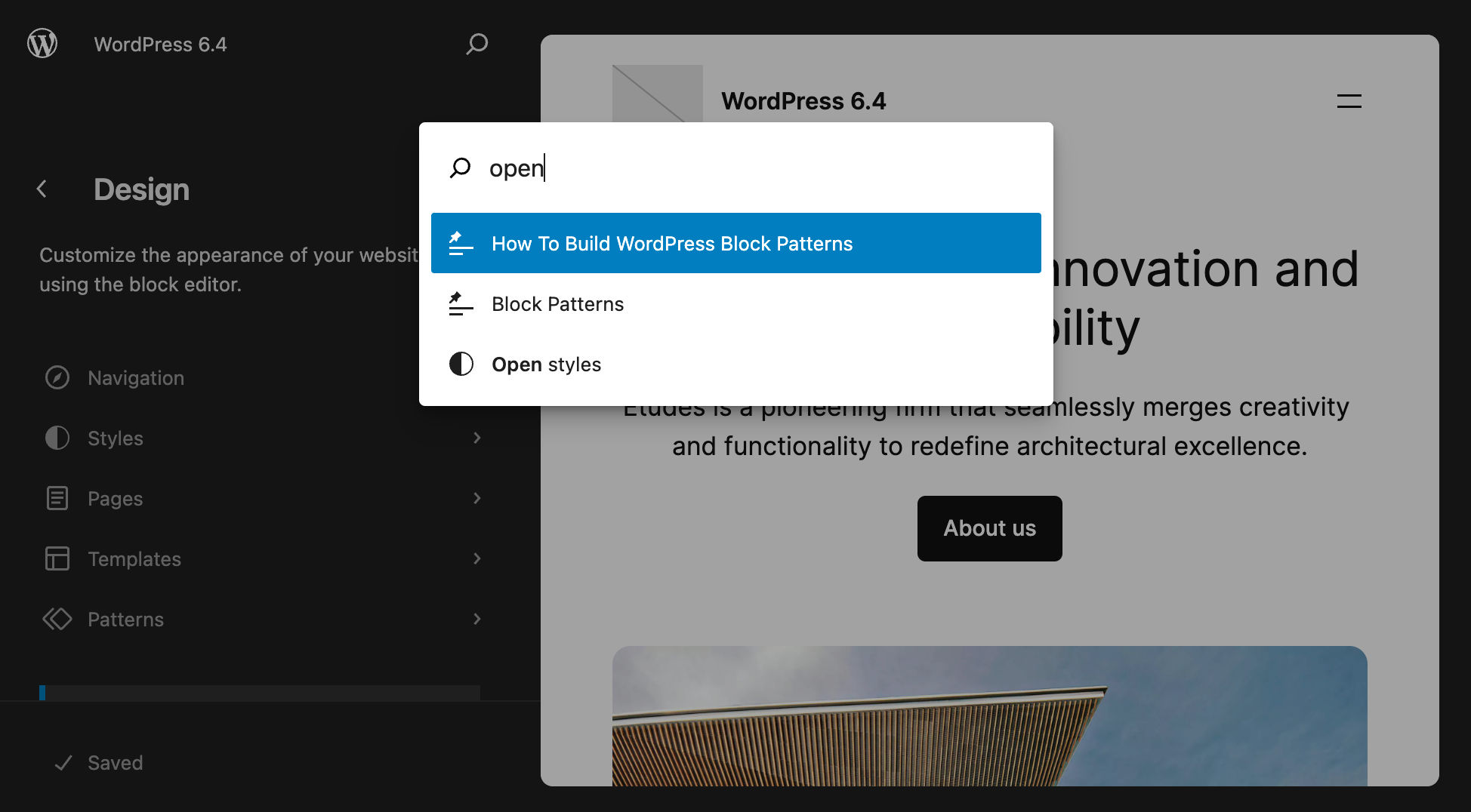 WordPress 6.4で「open」(開く)を検索
