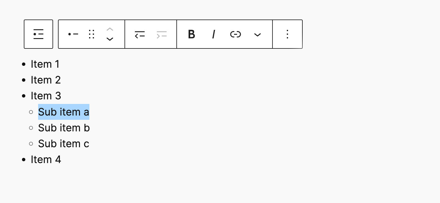 リスト項目のブロックツールバー
