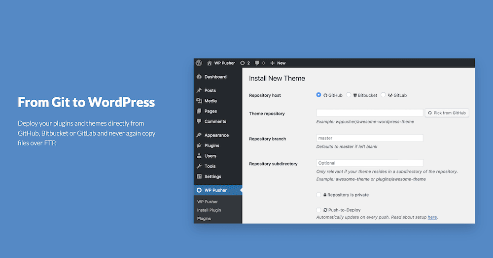 WP Pusherのトップページ(青い背景で、プラグインのキャッチフレーズと説明、WordPress管理画面内の設定画面のスクリーンショットが表示されている)