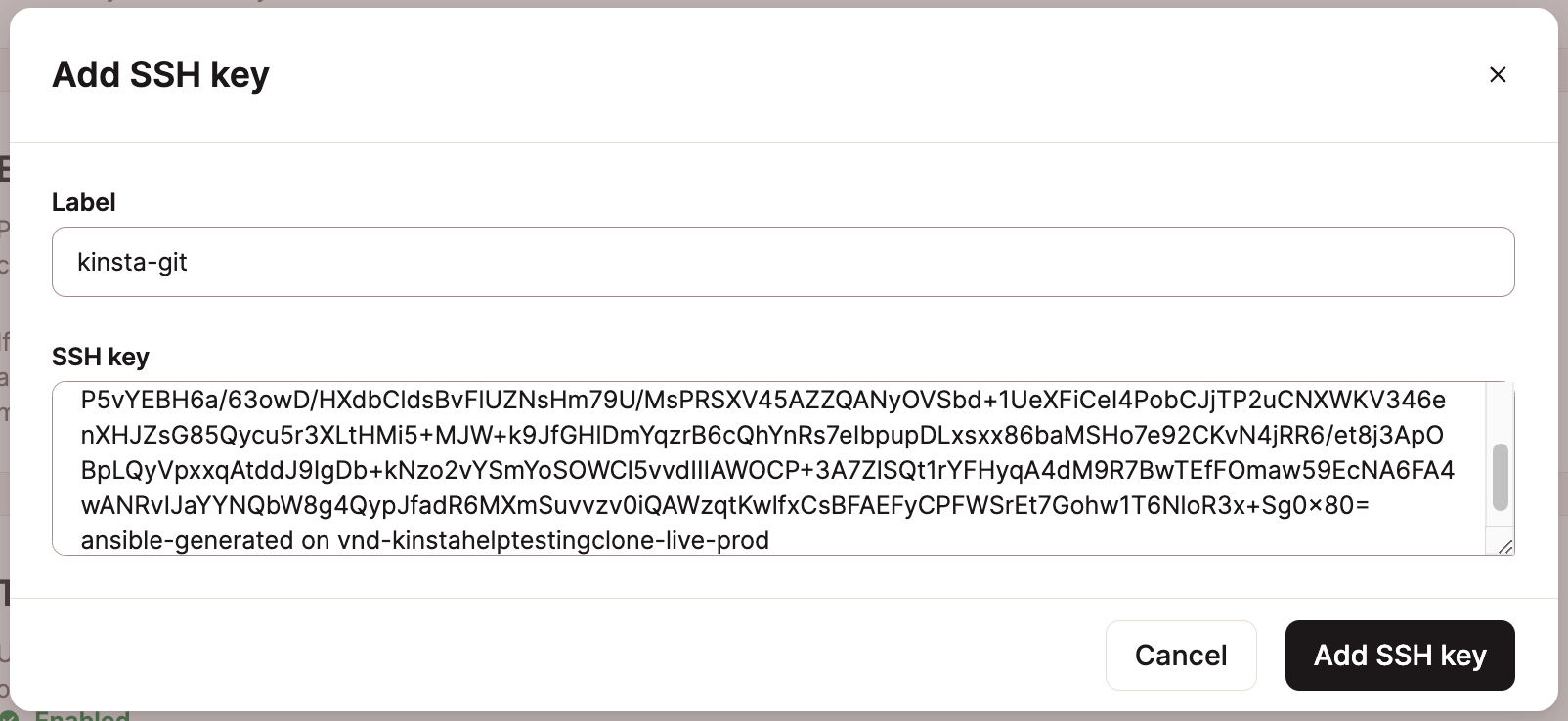 Screenshot showing the dialog for adding an SSH key in MyKinsta.