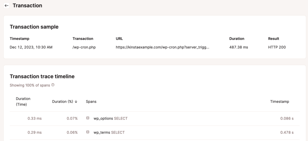 De Kinsta APM Tool-interface toont een transactie sample voor wp-cron.php. De tabel laat een tijdstempel, duur en resultaat zien. Hieronder zie je een transactietijdlijn met databasequery's en hun duur en percentages.