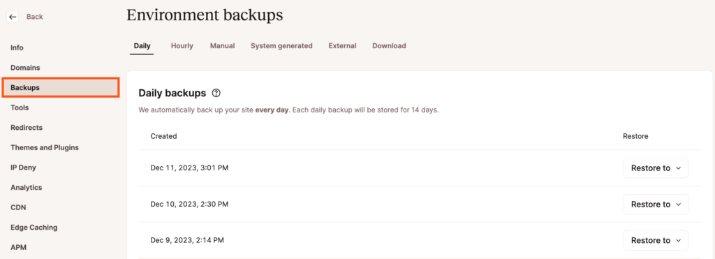 Opções de backup na Kinsta.