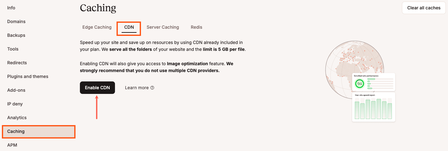 A screenshot showing the Caching controls in the MyKinsta dashboard.