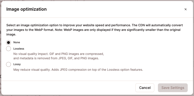 Opções de otimização de imagem nas configurações de CDN do MyKinsta.
