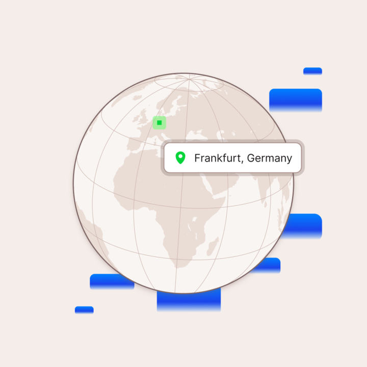 Illustration of the globe highlighting the Frankfurt, Germany datacenter location