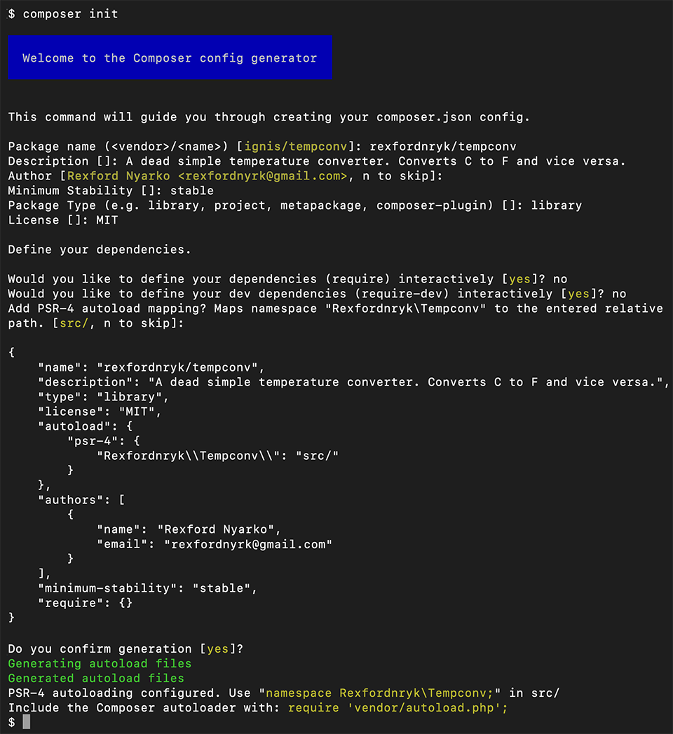 Usando o composer init para gerar uma configuração.