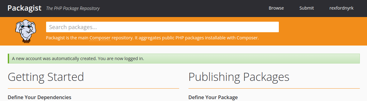 Login bem-sucedido no Packagist com o GitHub.