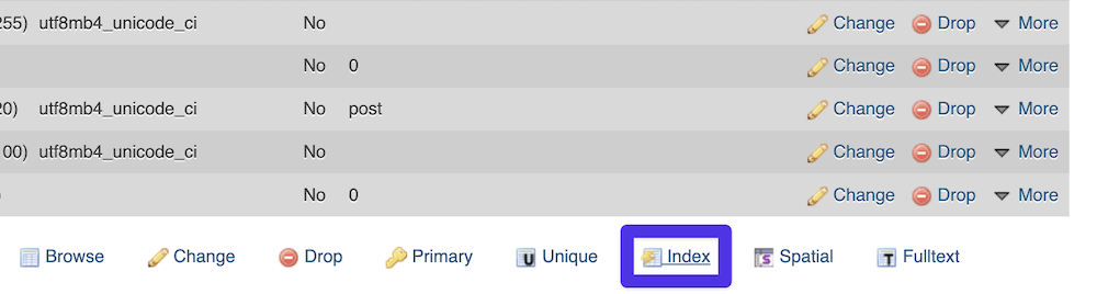Escolhendo indexar colunas no phpMyAdmin.