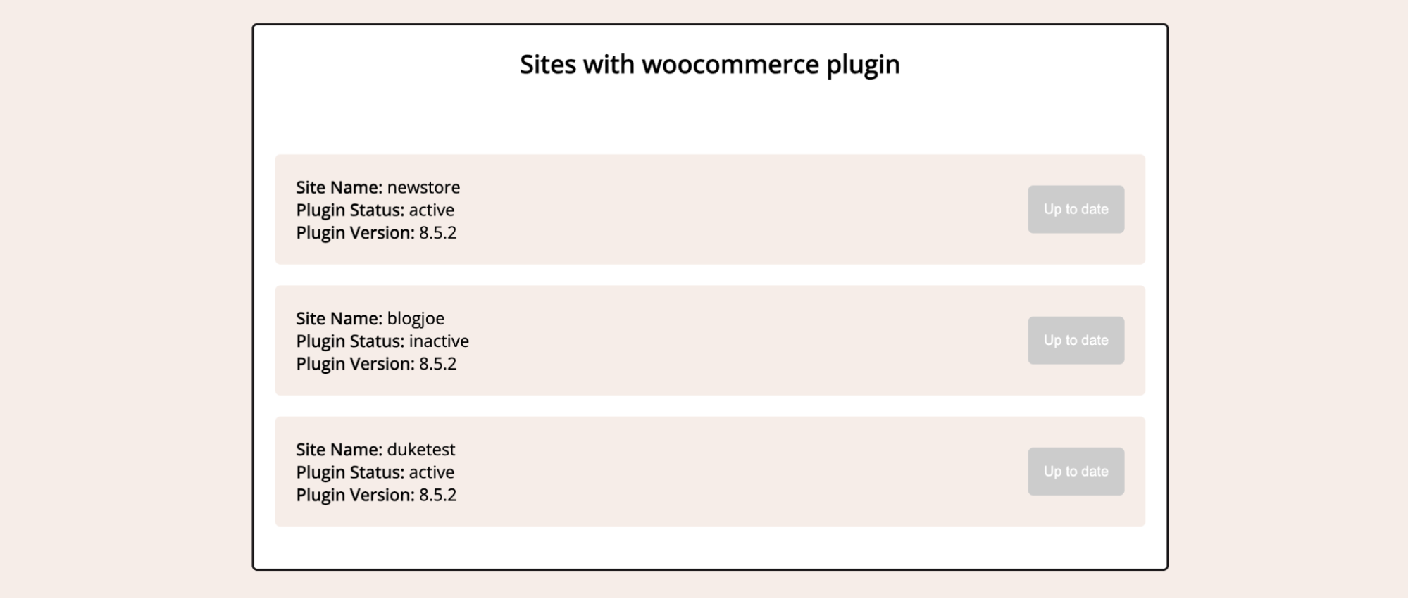 Una lista de sitios que utilizan un determinado plugin de la cuenta de empresa de Kinsta con botones para actualizarlos individualmente o a la vez.
