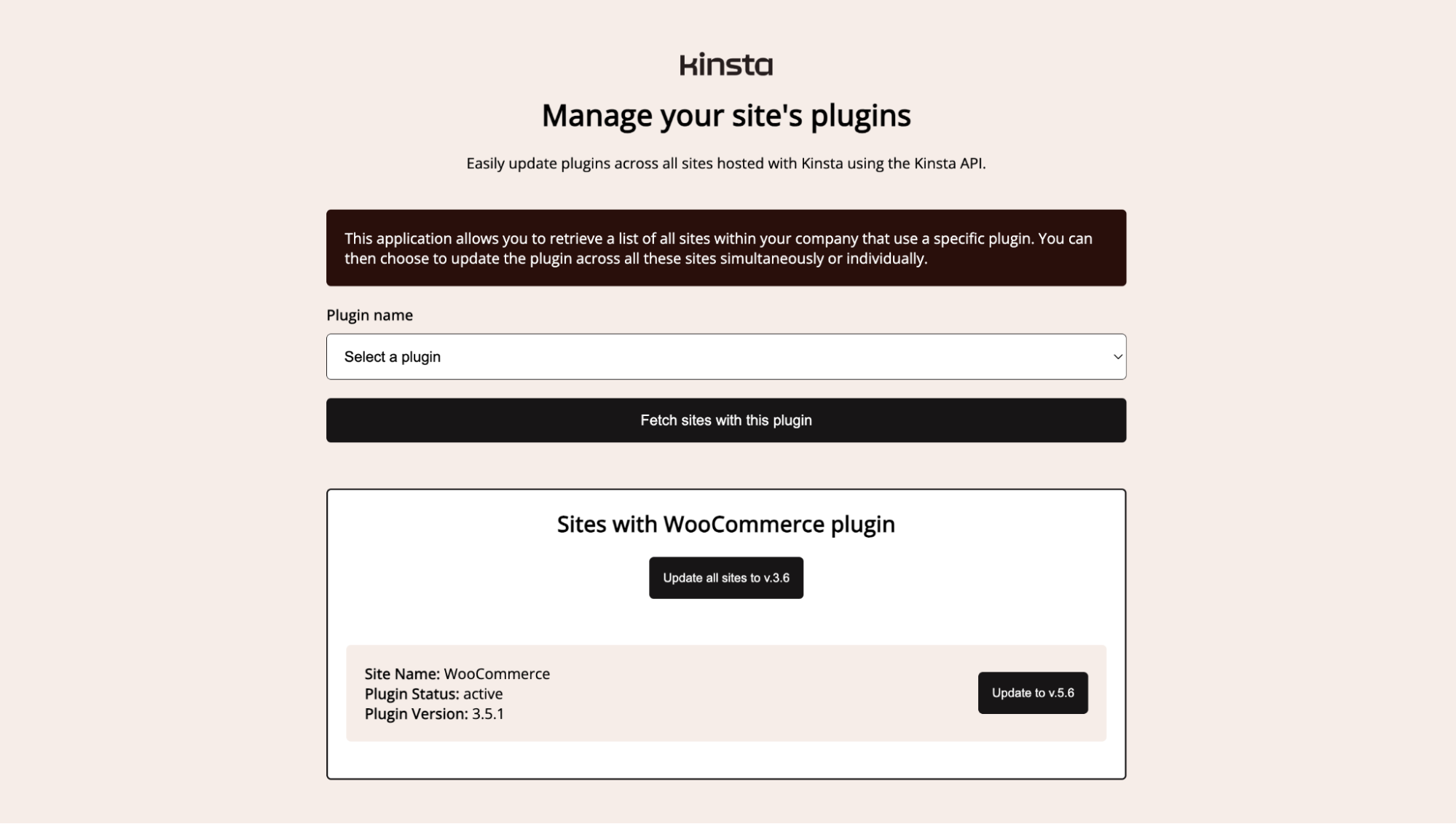 Interfaz de usuario de la herramienta de gestión de plugins para acceder a una lista de plugins y cargar sitios.