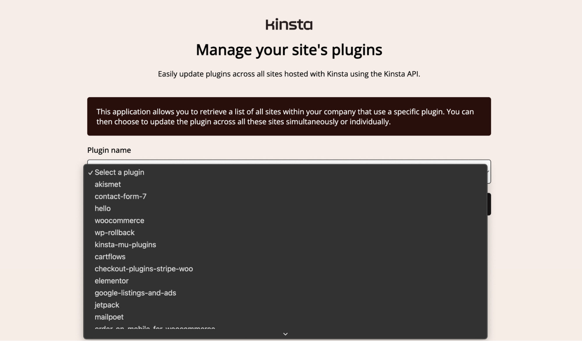 Selecciona el campo que muestra la lista de plugins únicos de todos los sitios de la cuenta de empresa Kinsta.
