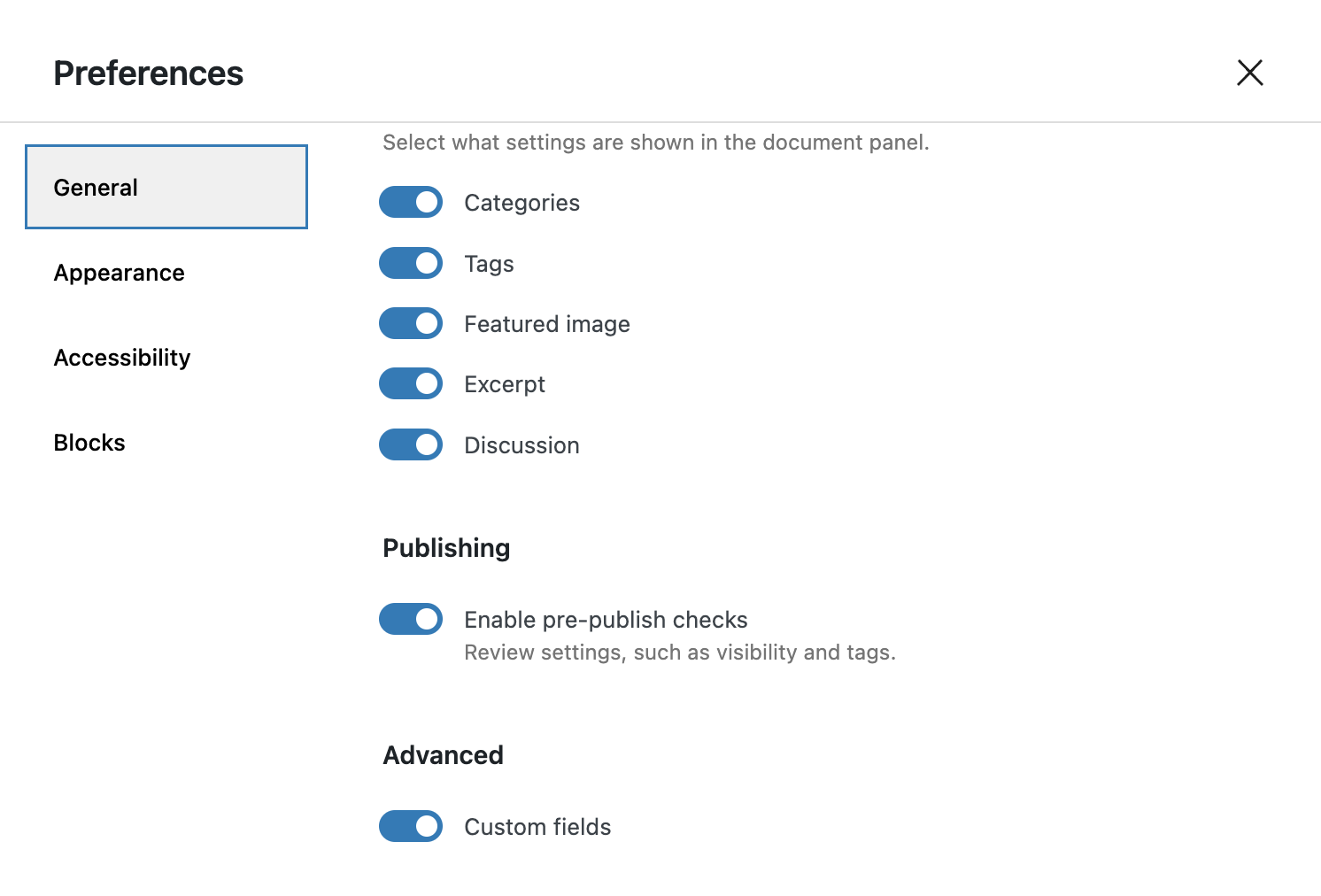 La maschera delle preferenze nell'editor dei post
