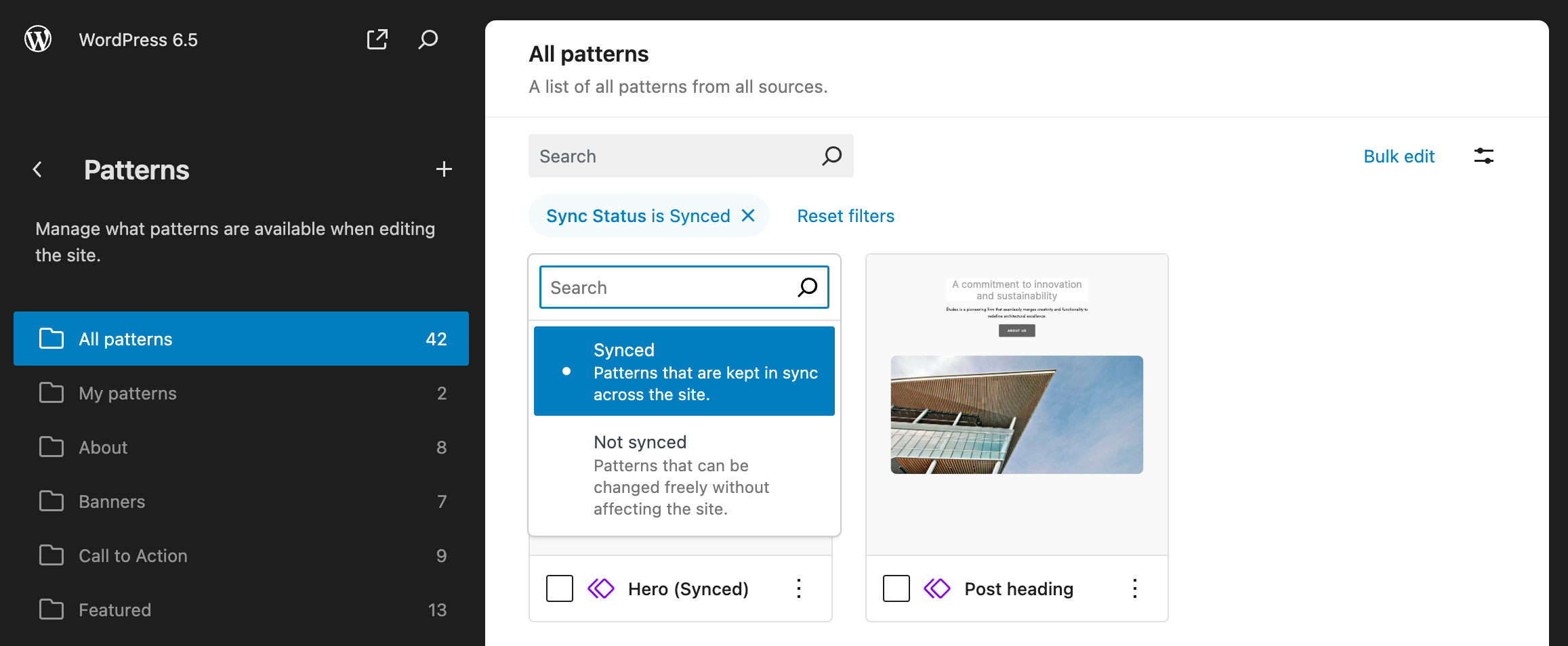 Il filtro primario Sync Status per i pattern