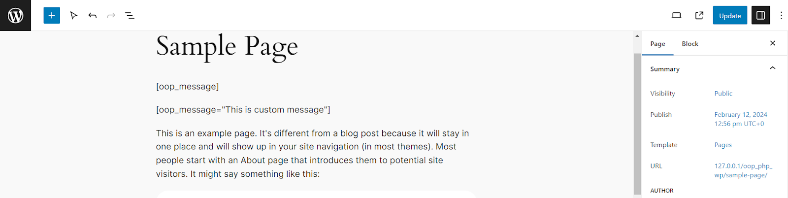 De voorbeeldpagina in de bewerkingsmodus met het aangepaste shortcodebericht toegevoegd.