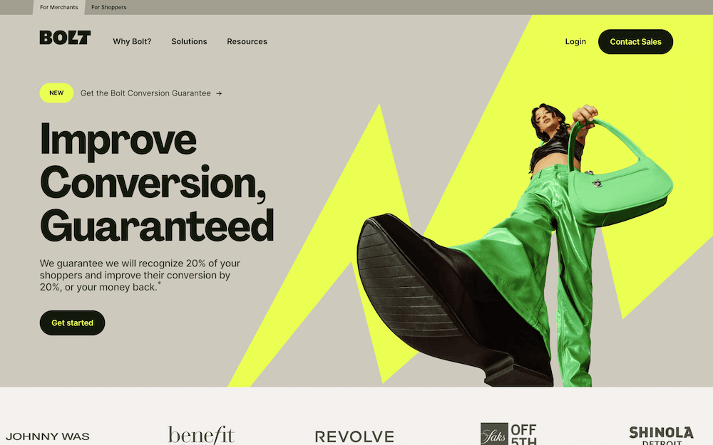 A woman wearing green pants is treading while holding a large turquoise shopping bag, set against a bright yellow and white background with abstract geometric shapes and the text
