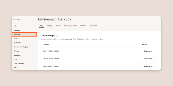 Backups no MyKinsta.