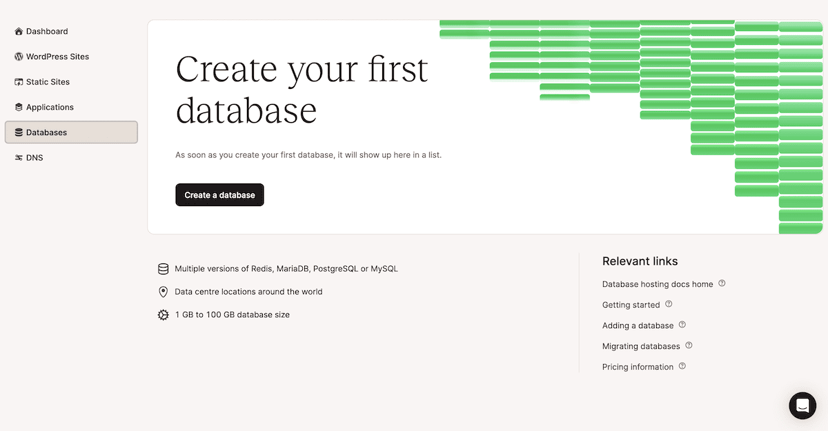 The Databases page within the MyKinsta dashboard. The main text reads