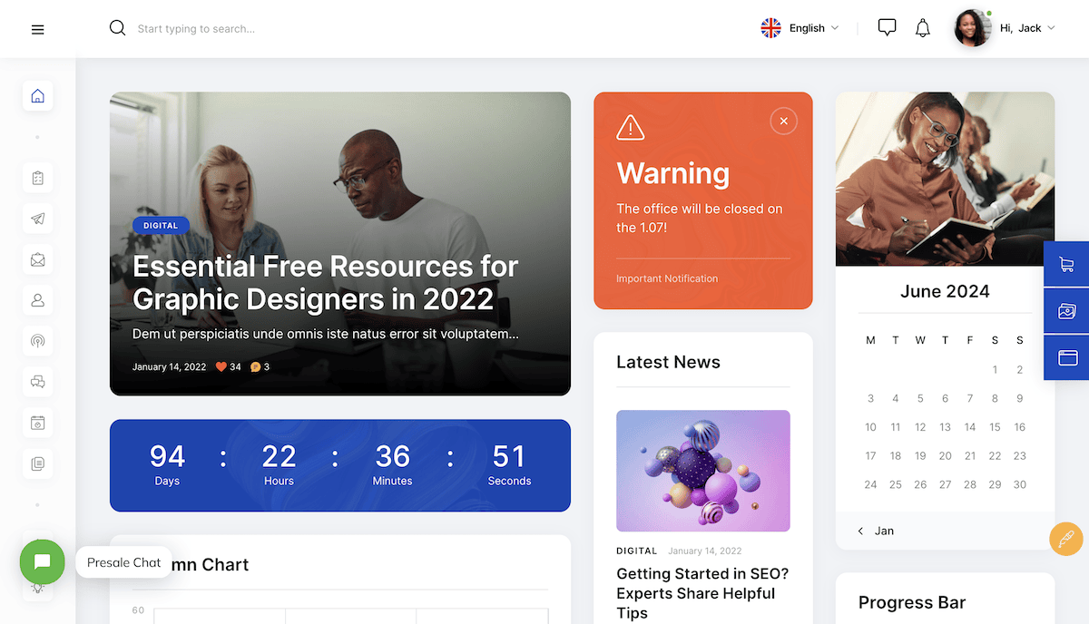 Ein Intranet-Dashboard aus dem Anesta-Design, das einen Artikel mit einem Bild von zwei lächelnden Personen an einem Schreibtisch mit Laptops zeigt, zusammen mit einem Countdown-Timer, einem Kalender, einer orangefarbenen Warnung und einer Seitenleiste.