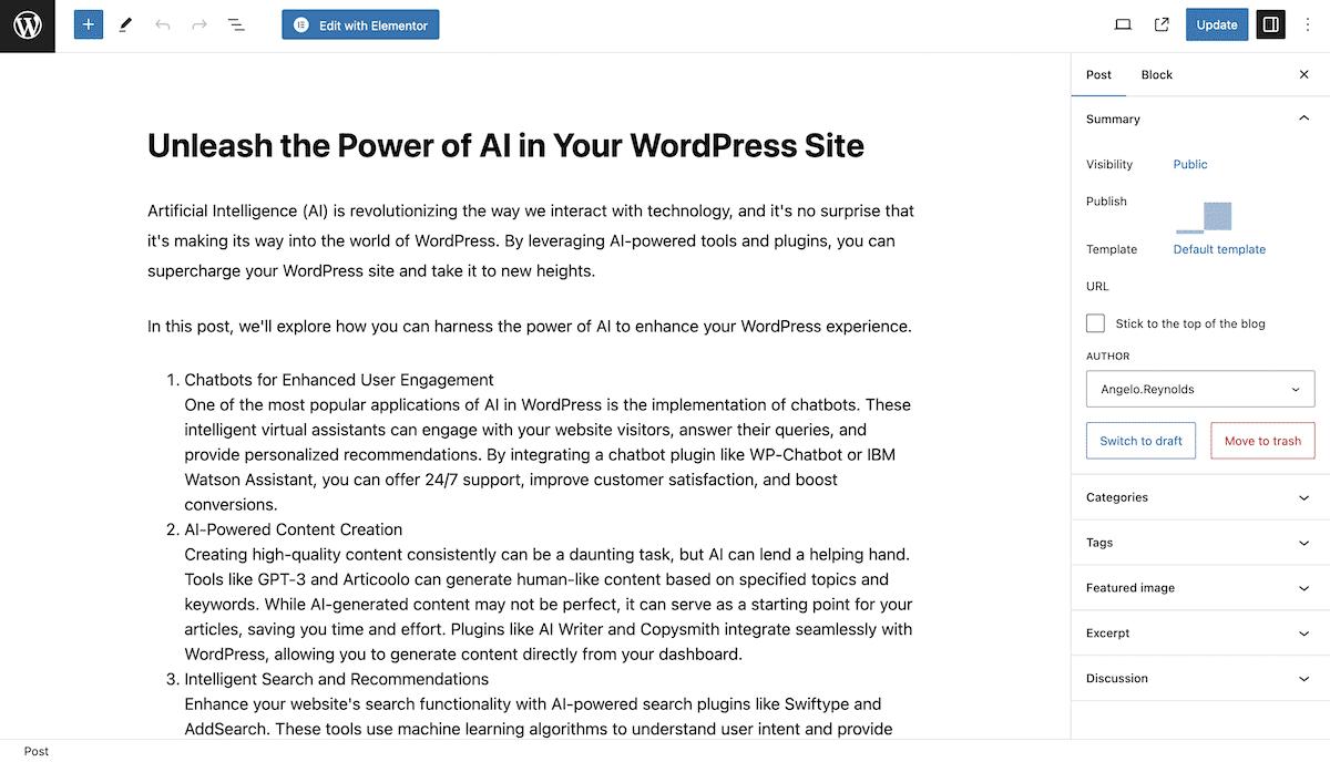 Der WordPress-Block-Editor zeigt einen Blog-Beitrag mit dem Titel „Entfessle die Kraft der KI in deiner WordPress-Website“. Der Inhalt besteht aus einer Liste, und die rechte Seitenleiste ist sichtbar. In der oberen Symbolleiste befindet sich neben den üblichen Schaltflächen „Aktualisieren“ und „Vorschau“ die Schaltfläche „Mit Elementor bearbeiten“.