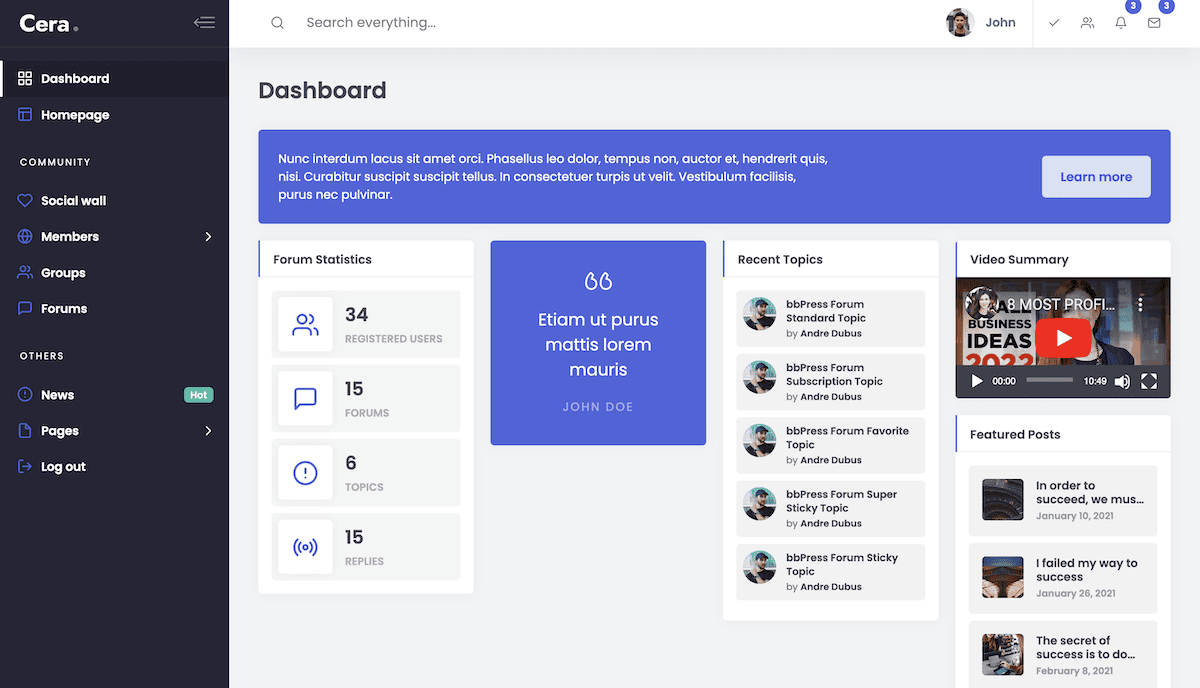 Das Dashboard des Cera-Themas. Es zeigt Forumstatistiken wie die Anzahl der registrierten Benutzer, Foren, Themen und Antworten an. Außerdem werden ein Zitat über den Zweck des Forums, aktuelle Diskussionsthemen, eine Videozusammenfassung und ausgewählte Beiträge in einem übersichtlichen, organisierten Layout angezeigt.