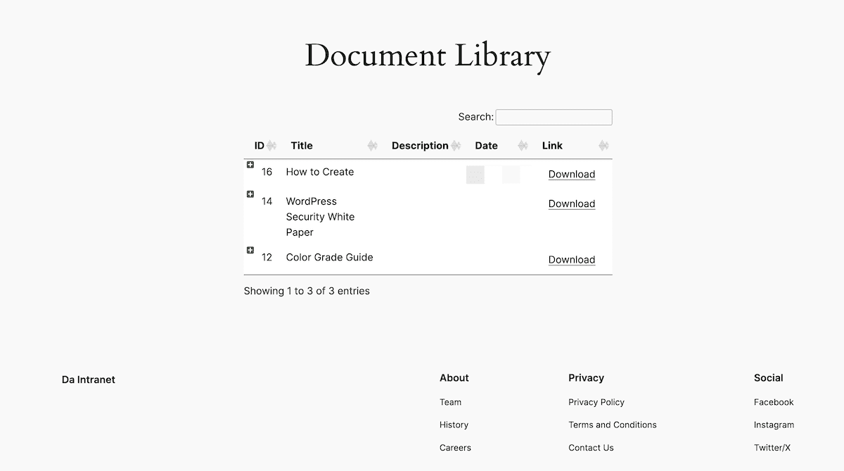 Eine Dokumentbibliothek-Seite in WordPress, die eine Tabelle mit Spalten für ID, Titel, Beschreibung, Datum und Link anzeigt. Der Seitentitel lautet „Dokumentbibliothek“, und oben befindet sich eine Suchleiste. Die Tabelle zeigt drei Dokumente an: „How to Create“, „WordPress Security White Paper“ und „Color Grade Guide“. Unterhalb der Tabelle befinden sich Navigationslinks.