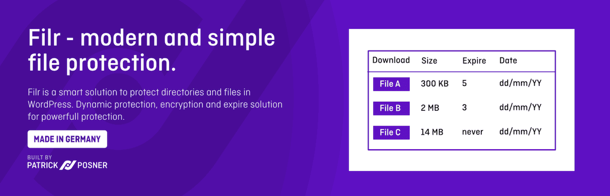 Das Filr-Plugin-Header-Bild von WordPress.org. Es zeigt einen violetten Hintergrund mit einer weißen Tabelle, die Details zu den Dateien „File A“, „File B“ und „File C“ enthält, einschließlich ihrer Downloadgröße in Kilobyte oder Megabyte, der Tage bis zum Ablauf und des Ablaufdatums im Format TT/MM/JJ.