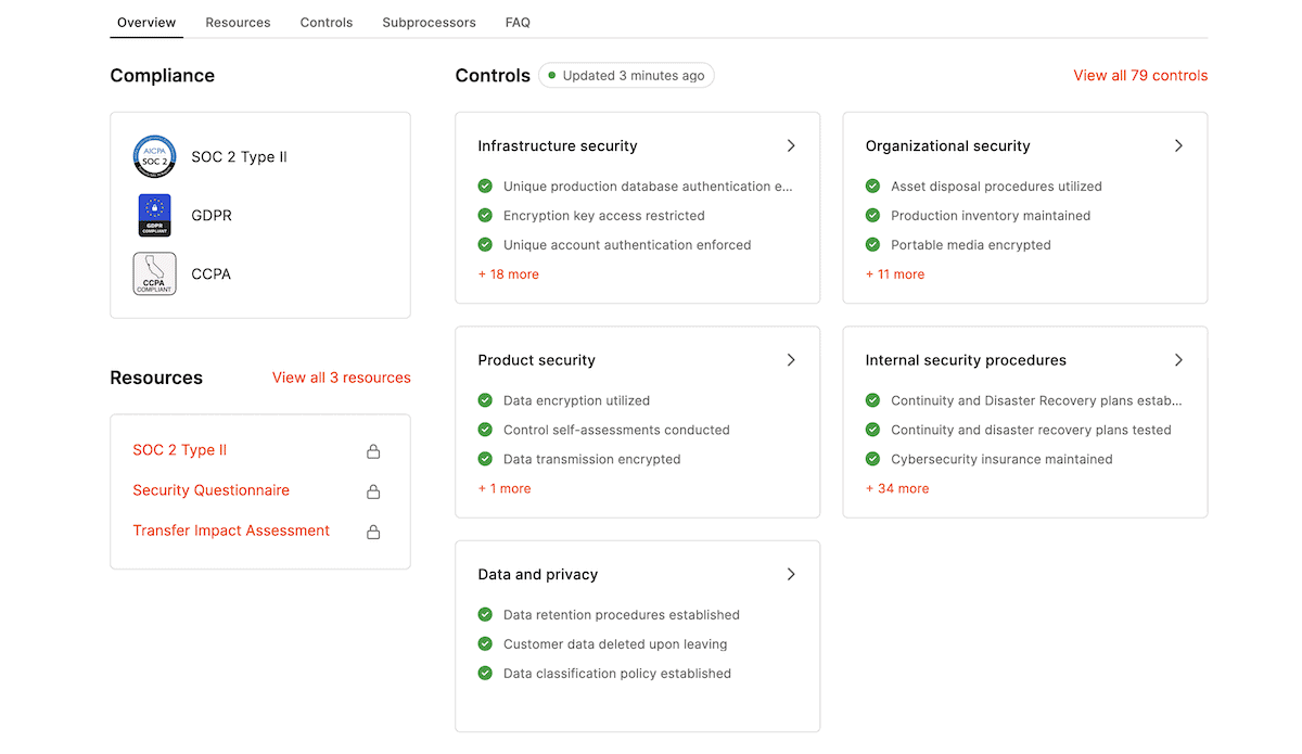 Eine Dashboard-Ansicht der Compliance- und Ressourcenabschnitte für Kinsta. Der Compliance-Abschnitt listet die Standards SOC 2 Typ II, DSGVO und CCPA auf. Der Ressourcenabschnitt listet ein SOC 2 Typ II-Dokument, einen Sicherheitsfragebogen und eine Bewertung der Auswirkungen von Übertragungen auf.