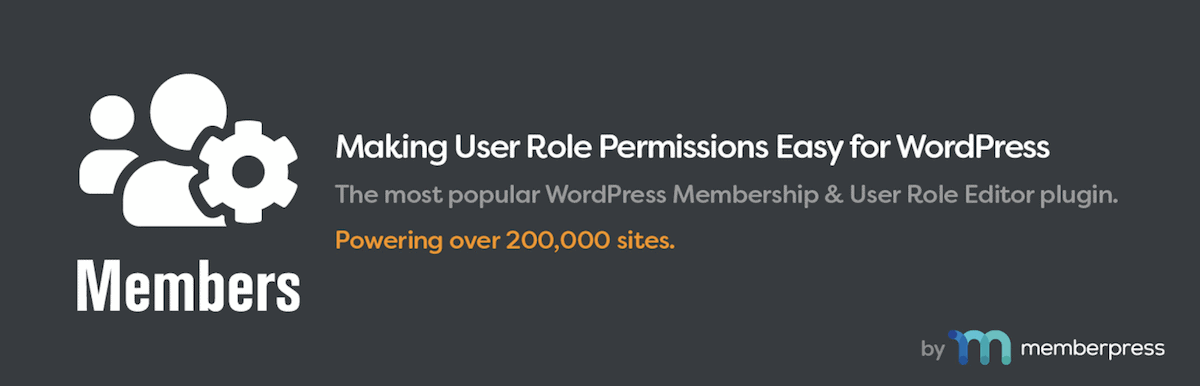 Das Header-Bild des WordPress-Plugins für Mitglieder von WordPress.org. Es besteht aus drei Symbolen in Form von Menschen in Weiß auf dunklem Hintergrund. Der Text lautet „Making User Role Permissions Easy for WordPress. The most popular WordPress Membership and User Role Editor plugin. Powering over 200,000 sites.”
