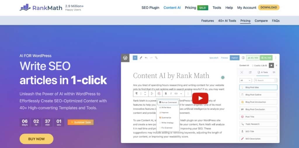 La landing page di Rank Math Content AI