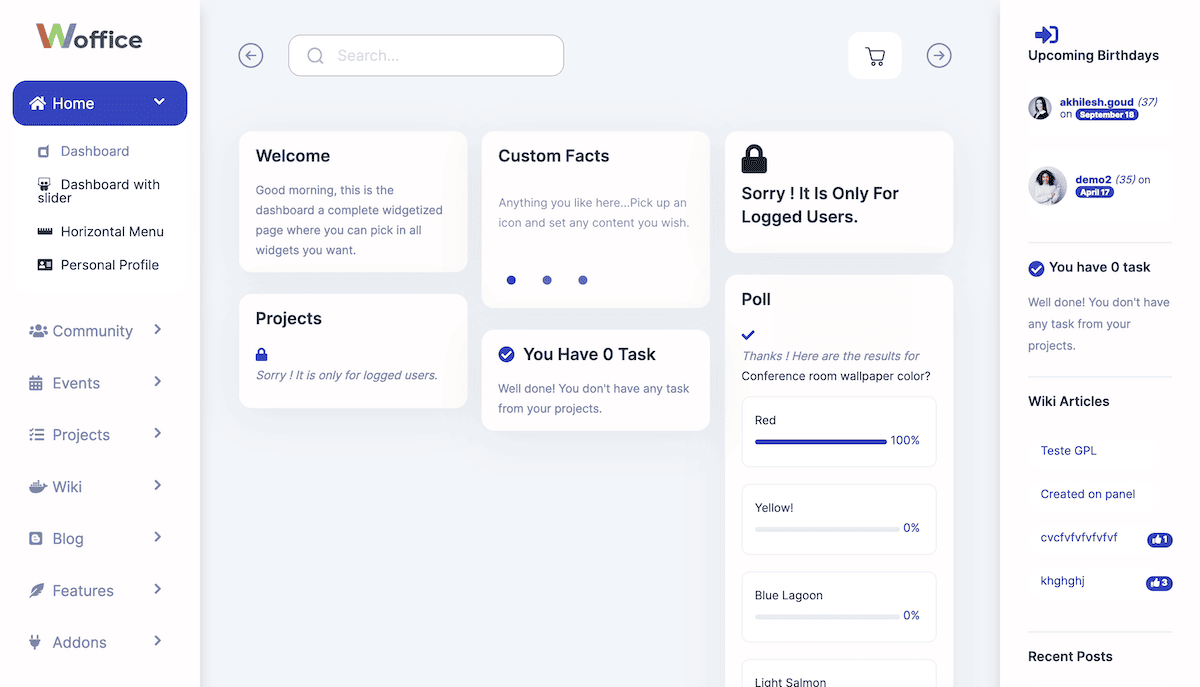 Das Dashboard-Thema von Woffice. Das Menü in der linken Seitenleiste zeigt typische WordPress-Optionen wie Dashboard, Beiträge, Medien, Seiten und mehr. Der Hauptbereich des Dashboards begrüßt den Benutzer und bietet schnellen Zugriff auf Projekte, benutzerdefinierte Fakten und eine Umfrage. Auf der rechten Seite befinden sich Widgets, die anstehende Geburtstage, eine Liste der Aufgaben (derzeit keine Aufgaben), eine Umfrage in Form eines Kreisdiagramms, Links zu Wiki-Artikeln und aktuelle Beiträge anzeigen.
