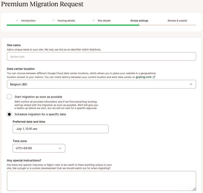 Escolher opções de agendamento para uma migração de site 
